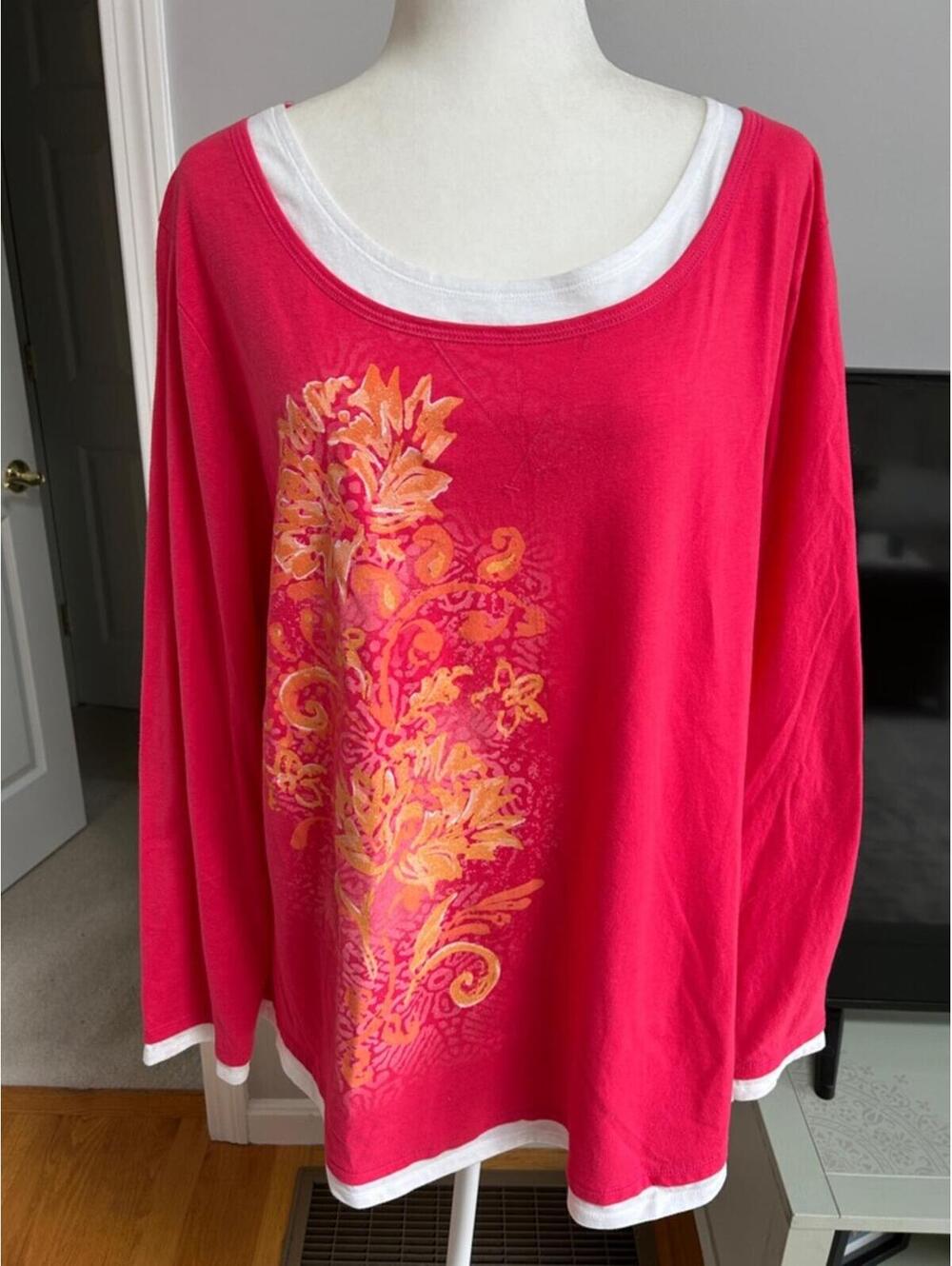 Just My Size Hot Pink Long Sleeve Top with Yellow-Orange Floral Print